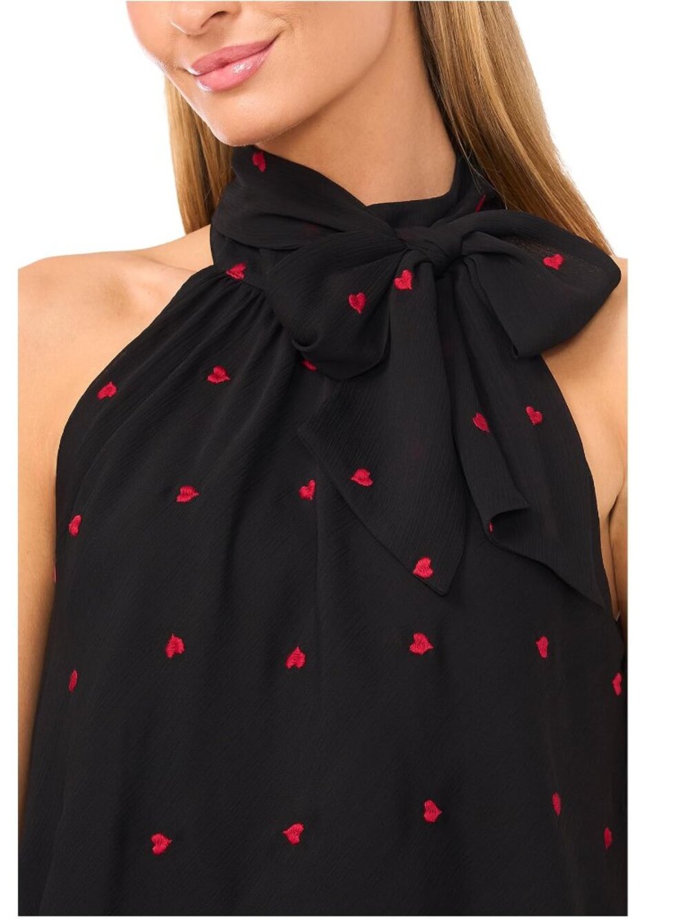 CeCe Black with Red Hearts Tiered Halter Bow Tie Top - L - NWT
